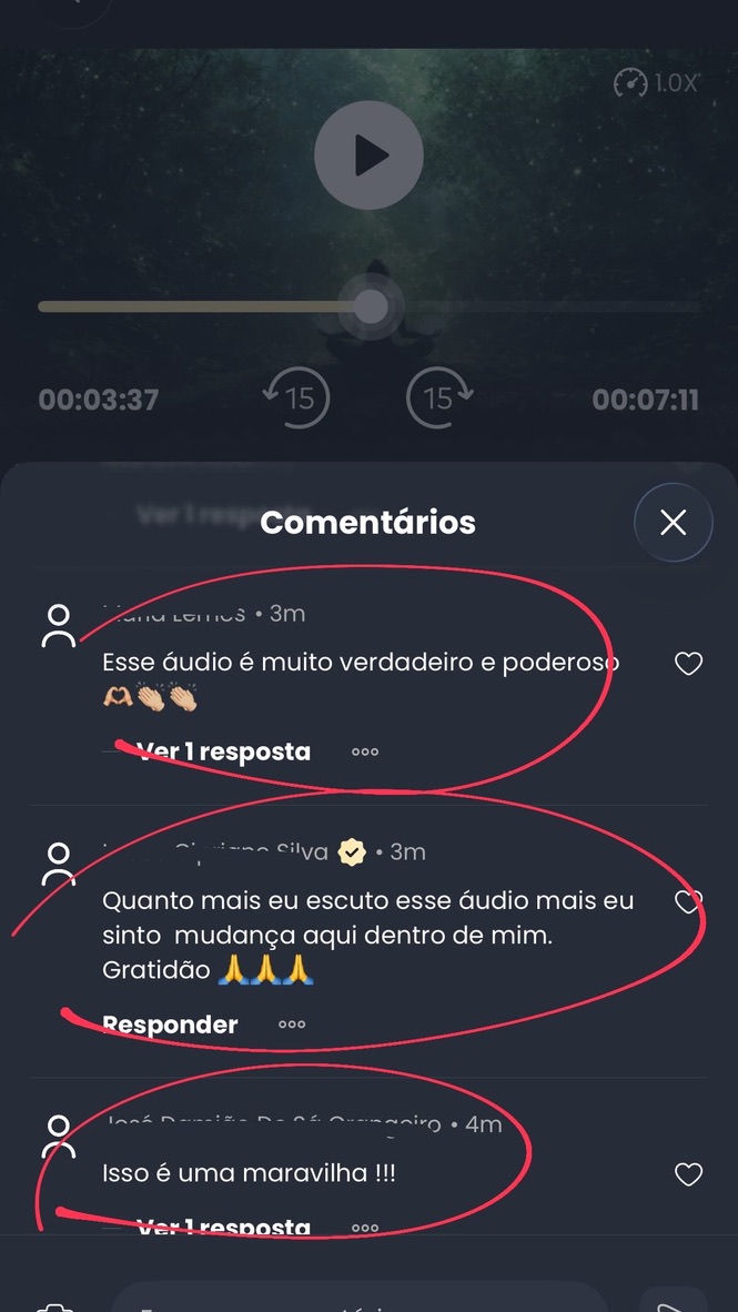 Comentários de clientes sobre os áudios do app O Córtex