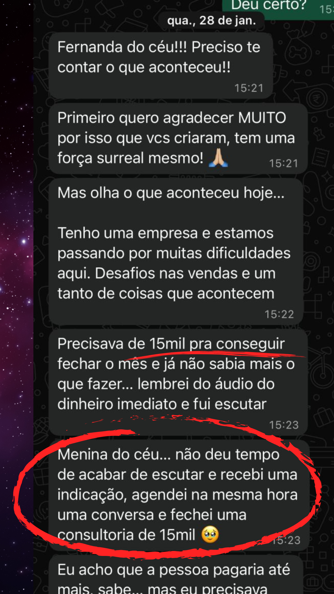 Depoimento de cliente sobre consultoria de 15 mil fechada após ouvir o áudio